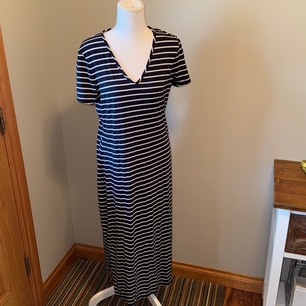 Navy White Striped V-Neck Midi Dress